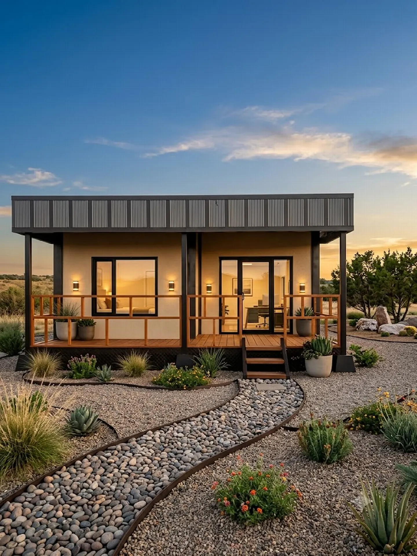 Casa modular NEXUS PATAGONIA al atardecer en la estepa neuquina